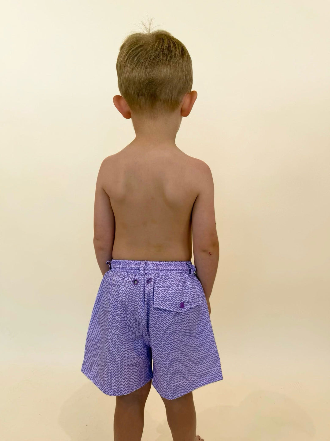 Youth purple swim shorts back view, boys swim trunks with pocket, quick dry boys swimwear, Caddie swim trunks, boys summer beachwear, lightweight swim shorts, youth vacation clothing, boys pool day outfit
