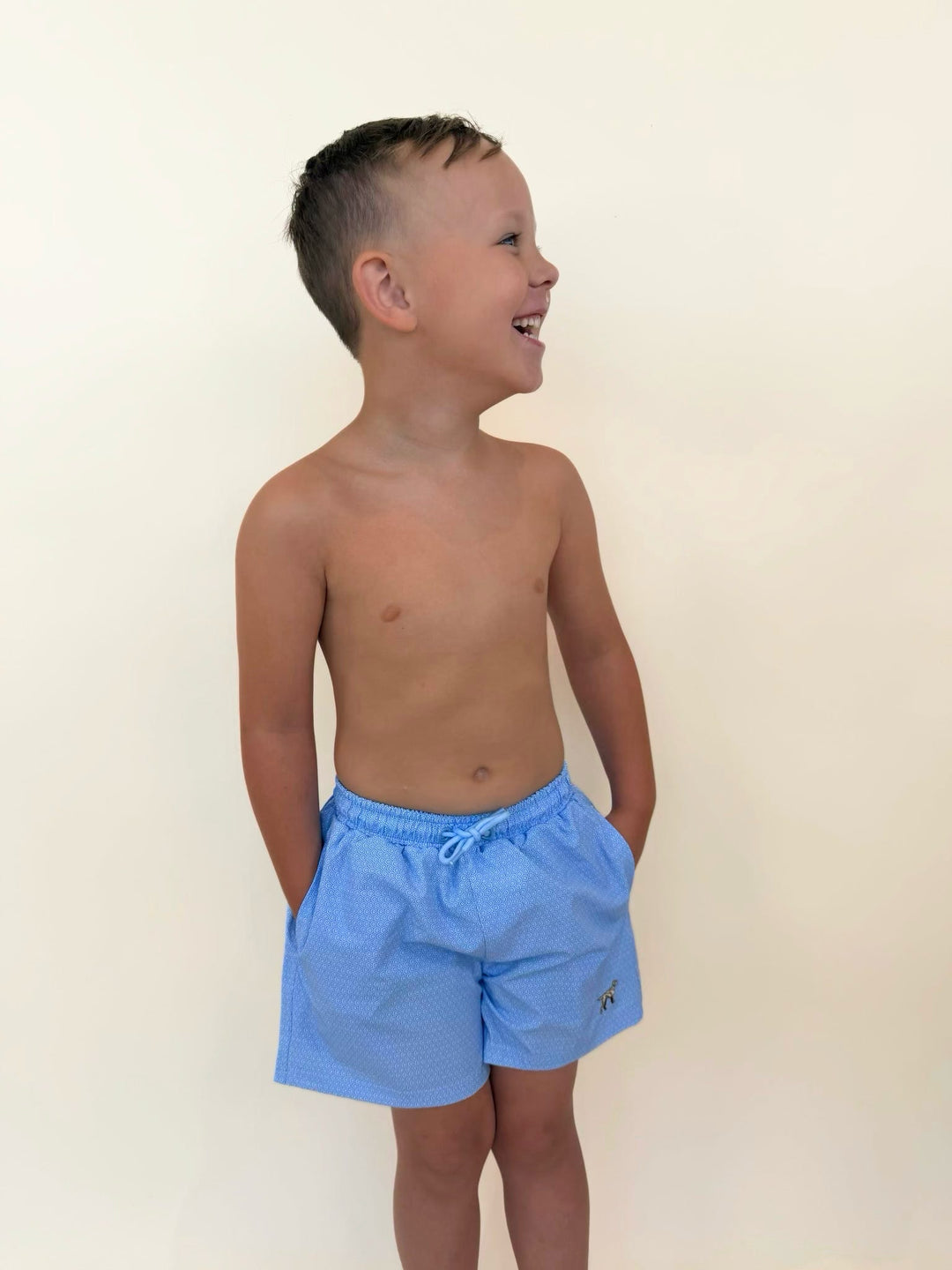 Boys light blue patterned swim trunks, youth quick dry swim shorts, Fieldstone swimwear for boys, kids summer swim trunks, boys vacation outfit, elastic waist swim shorts, youth beachwear