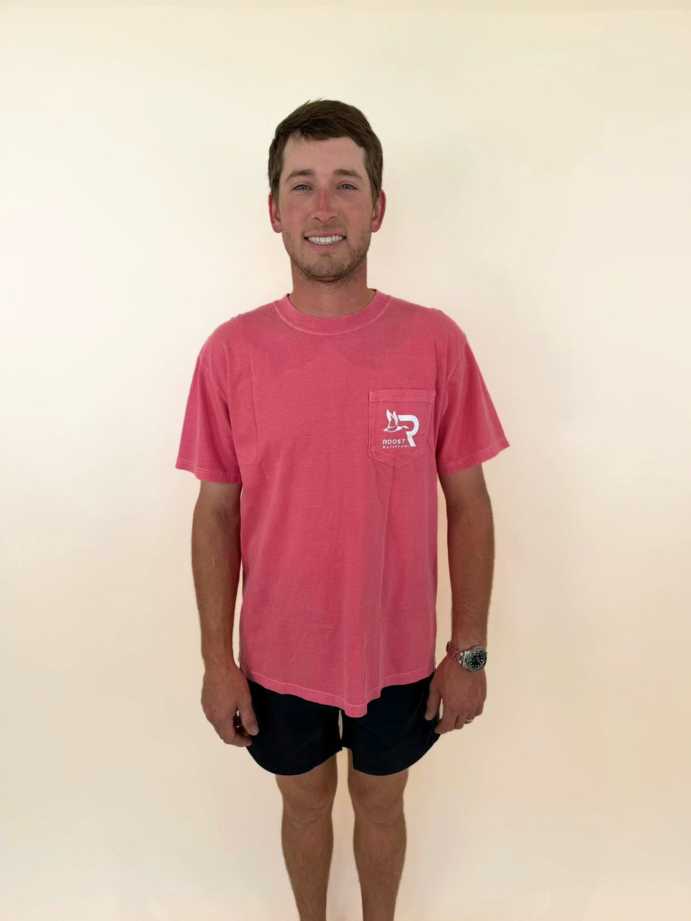 Roost Waterfowl pocket t-shirt, men's hunting pocket tee, pink graphic hunting shirt, duck hunting apparel, southern outdoor clothing, casual waterfowl t-shirt, men's short sleeve hunting tee, Roost branded pocket shirt
