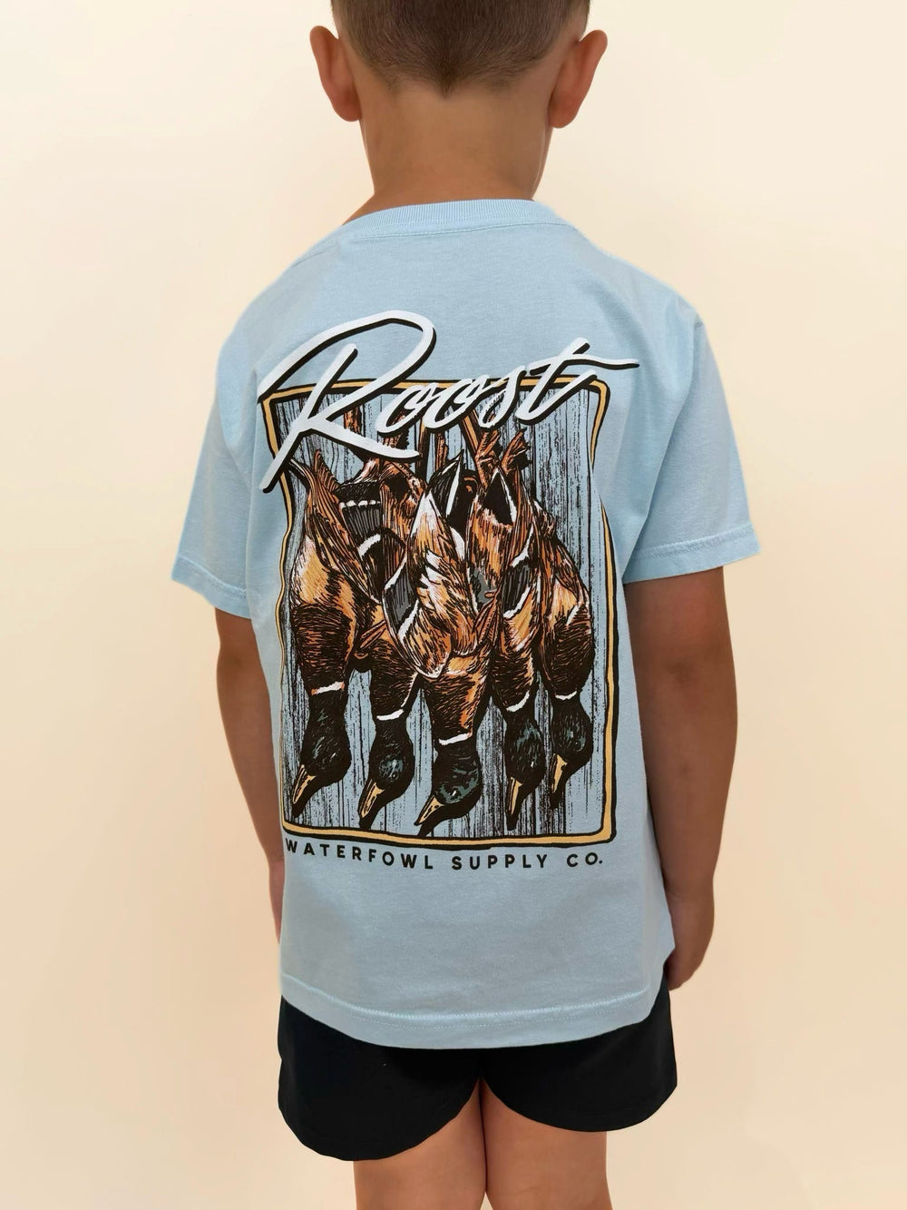 Roost Waterfowl youth duck hunting t-shirt, boys waterfowl graphic tee, youth hunting shirt, kids duck hunter apparel, Roost Waterfowl Supply Co shirt, boys outdoor lifestyle clothing, youth duck hunting graphic back tee