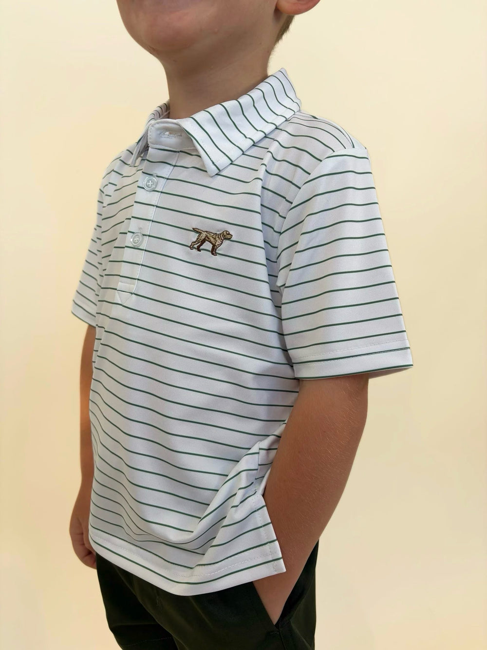 Youth boys white and green striped polo shirt, Fieldstone performance golf polo with embroidered dog logo, lightweight breathable boys clothing