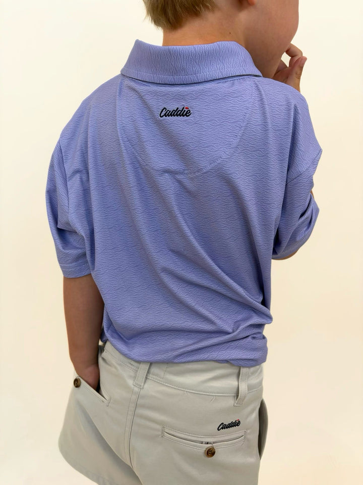 Youth lavender golf polo back view, boys performance collared shirt, Caddie golf polo for kids, boys athletic golf apparel, lightweight stretch polo, country club style youth clothing, boys spring and summer golf shirt
