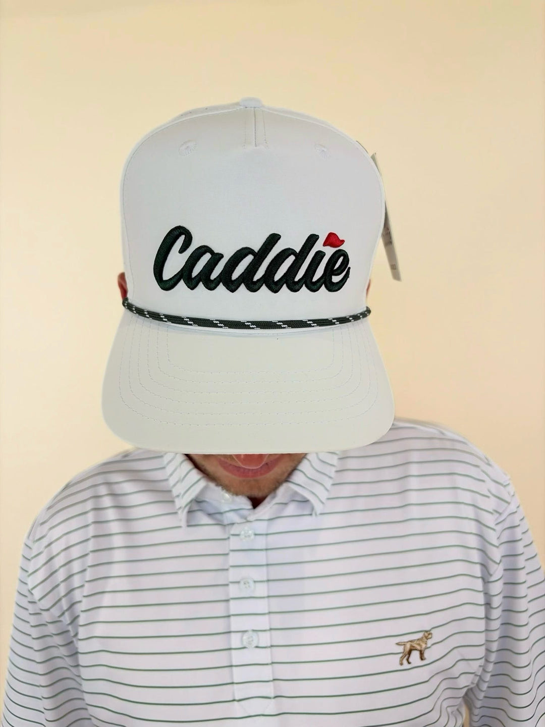 White Caddie rope golf hat, embroidered Caddie logo cap, performance golf hat for men, southern lifestyle headwear, adjustable golf cap, classic white snapback hat
