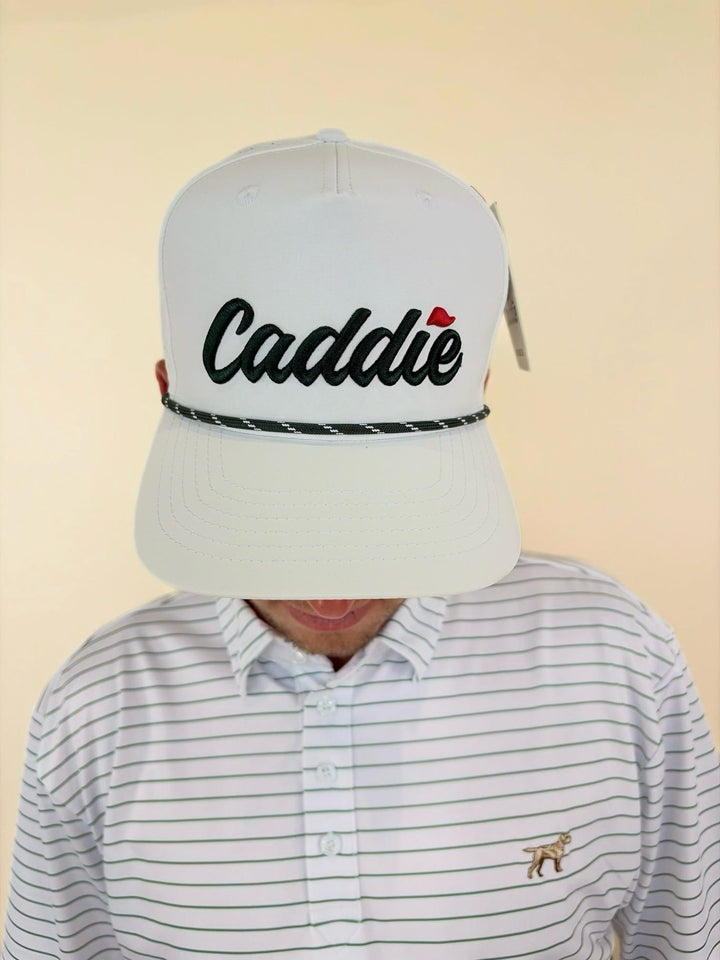 White Caddie rope golf hat, embroidered Caddie logo cap, performance golf hat for men, southern lifestyle headwear, adjustable golf cap, classic white snapback hat