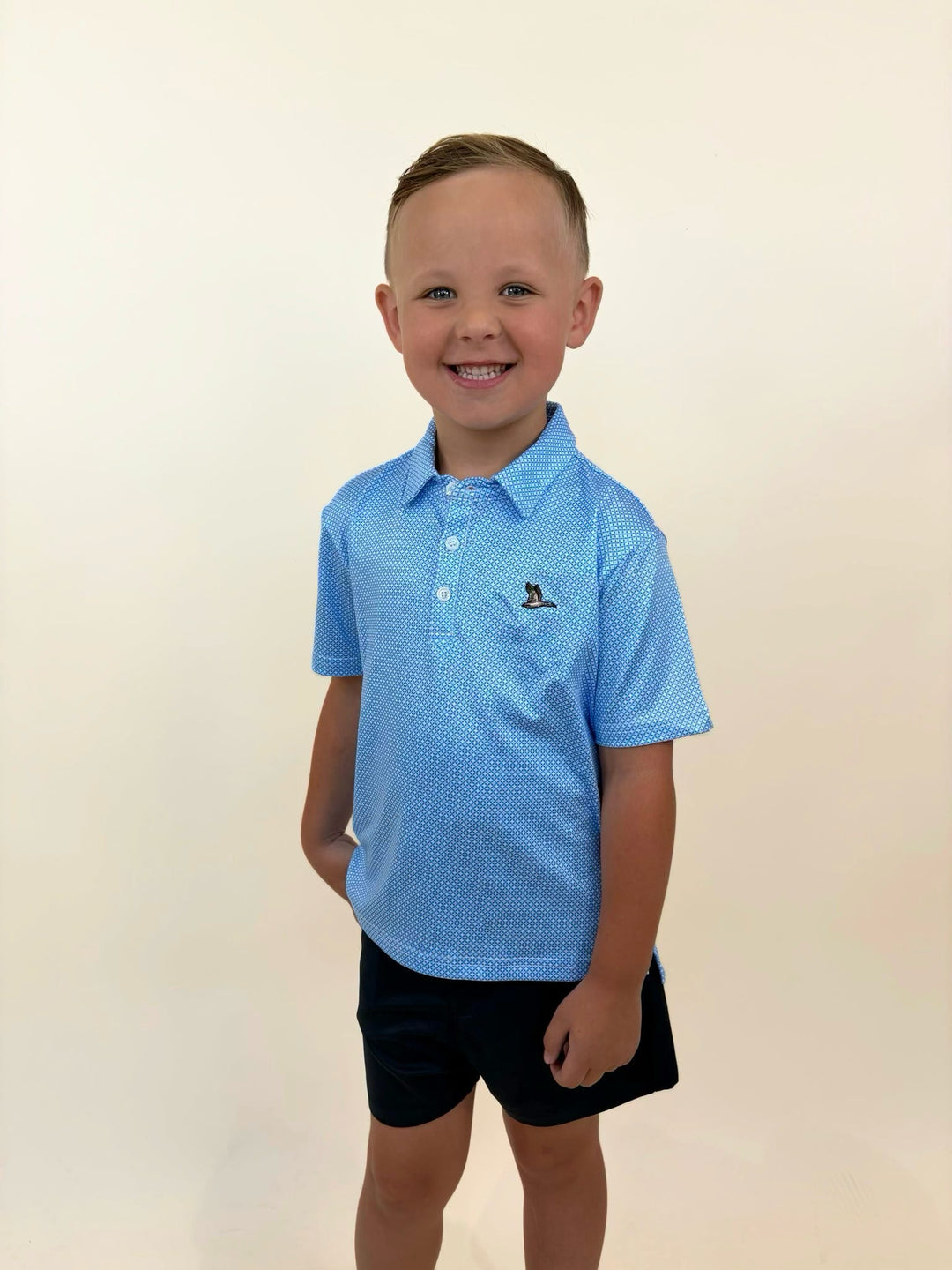 Youth Roost Waterfowl performance polo, boys blue patterned golf shirt, moisture-wicking youth polo, southern boys golf apparel, lightweight performance clothing