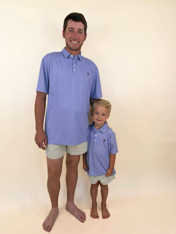 matching father and son golf polos, daddy and me golf shirts, family golf apparel, coordinating father son outfits, lavender performance polos, Caddie golf apparel, matching golf day outfits, father son country club style