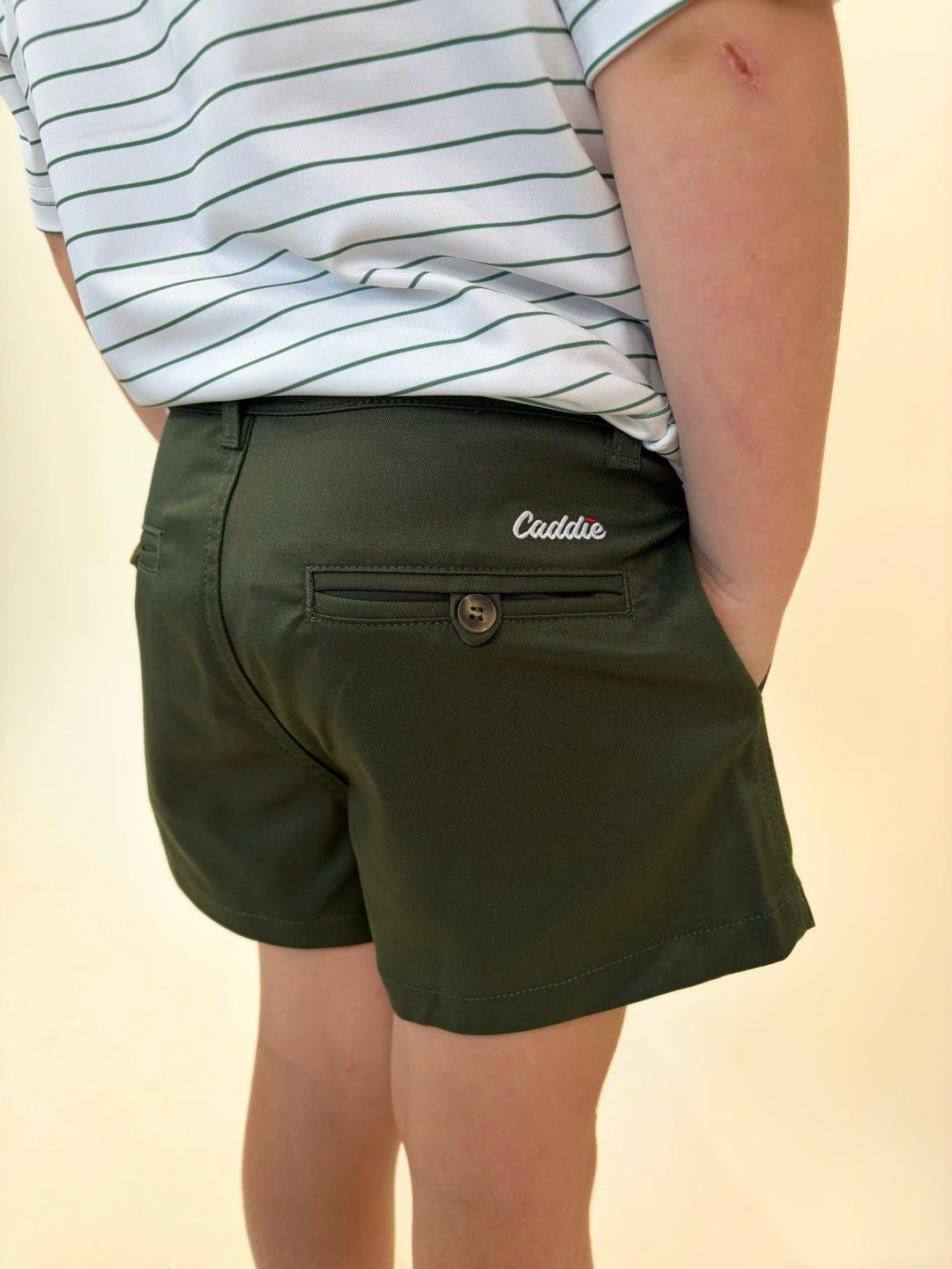 Youth olive green golf shorts, boys performance shorts, Caddie embroidered golf shorts, boys country club apparel, olive dress shorts for boys, lightweight golf shorts, boys outdoor apparel, youth southern fashion