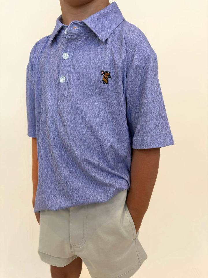 Boys lavender textured polo shirt, Caddie youth golf apparel, kids performance golf polo, moisture wicking boys polo, youth collared athletic shirt, lightweight golf clothing for boys, premium youth polo