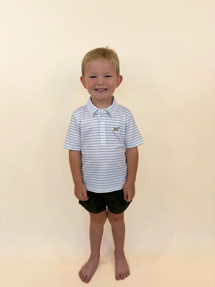 Youth boys striped performance polo shirt in white and green, Fieldstone embroidered dog logo polo, moisture-wicking golf shirt for boys, southern boys apparel