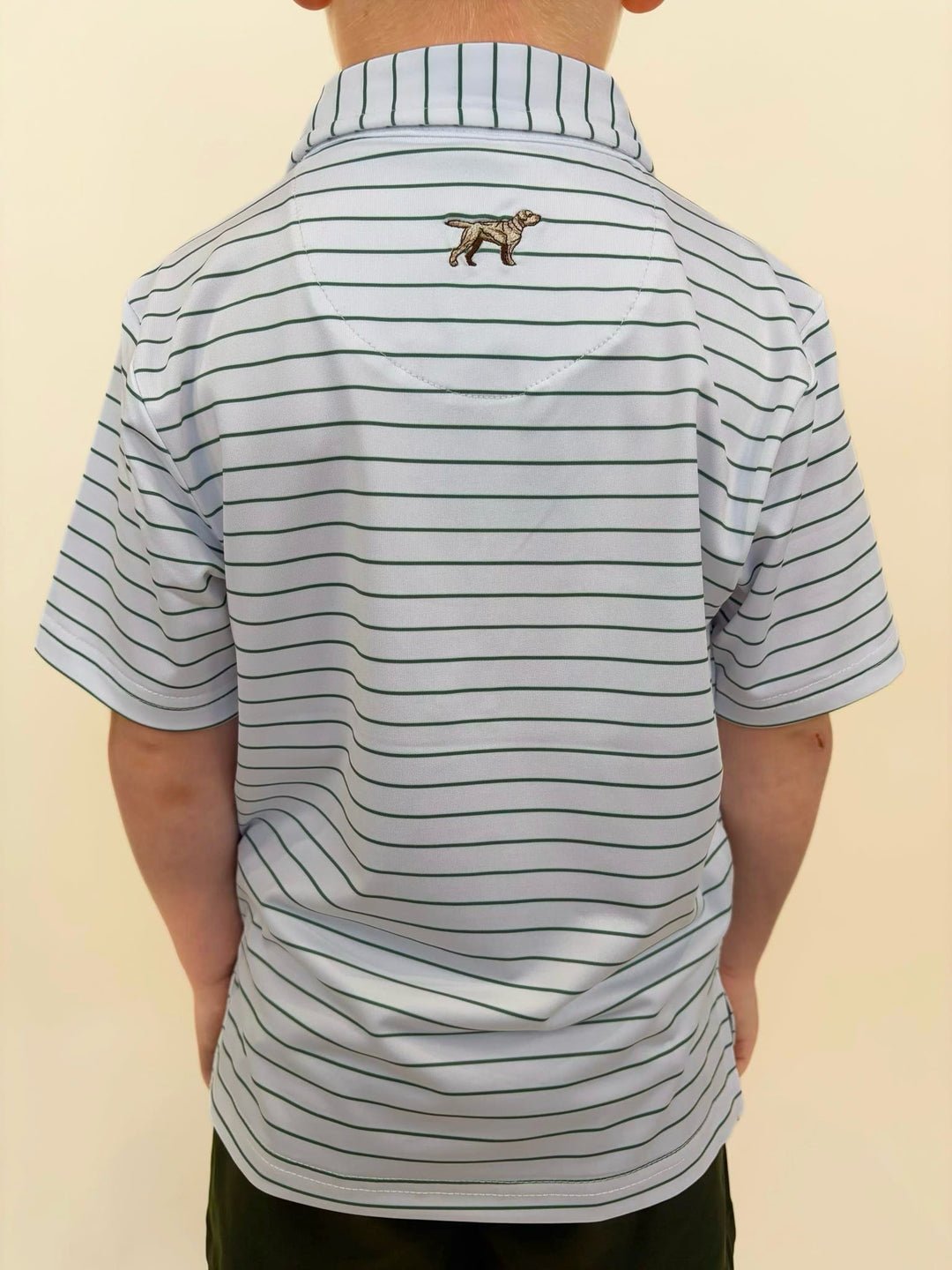 Back view of Fieldstone youth striped performance polo, white polo with green pinstripe pattern and embroidered sporting dog detail, boys golf apparel