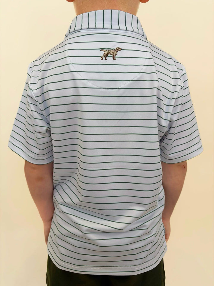 Back view of Fieldstone youth striped performance polo, white polo with green pinstripe pattern and embroidered sporting dog detail, boys golf apparel