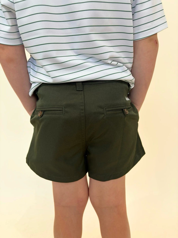 Boys olive golf shorts, youth green dress shorts, Caddie performance shorts, boys golf clothing, classic boys chino shorts, southern style youth apparel, country club fashion for boys, comfortable golf shorts for kids