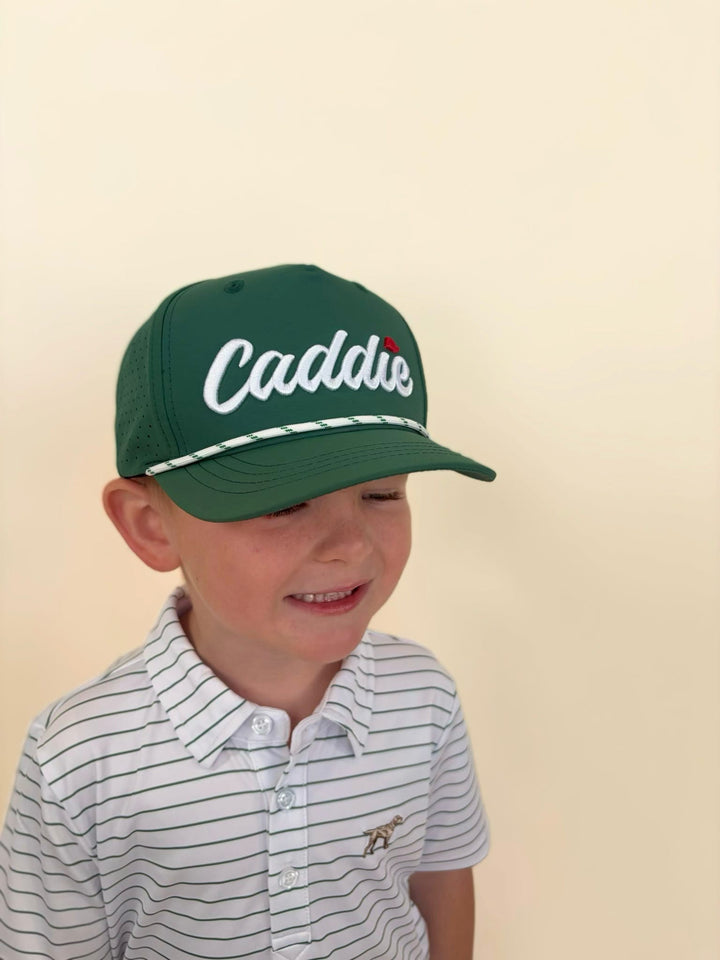 Green Caddie youth golf hat with embroidered logo, boys performance rope cap, stylish outdoor headwear, southern boys golf accessory, lightweight adjustable hat