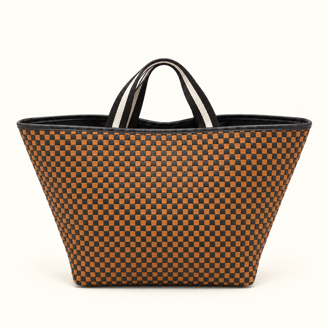 A woven tote bag with a brown and black checkerboard pattern and dual top handles, photographed against a clean white background.
