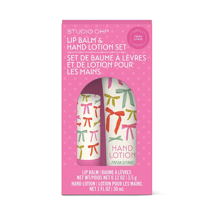 Bow print lip balm and hand lotion set with fresh citrus scent, Studio Oh beauty gift set