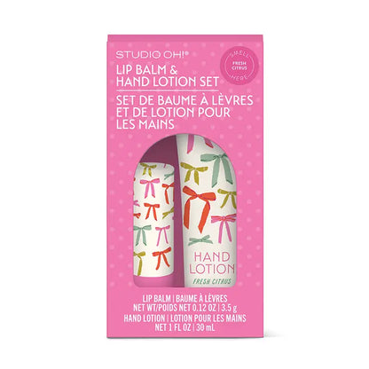 Bow print lip balm and hand lotion set with fresh citrus scent, Studio Oh beauty gift set