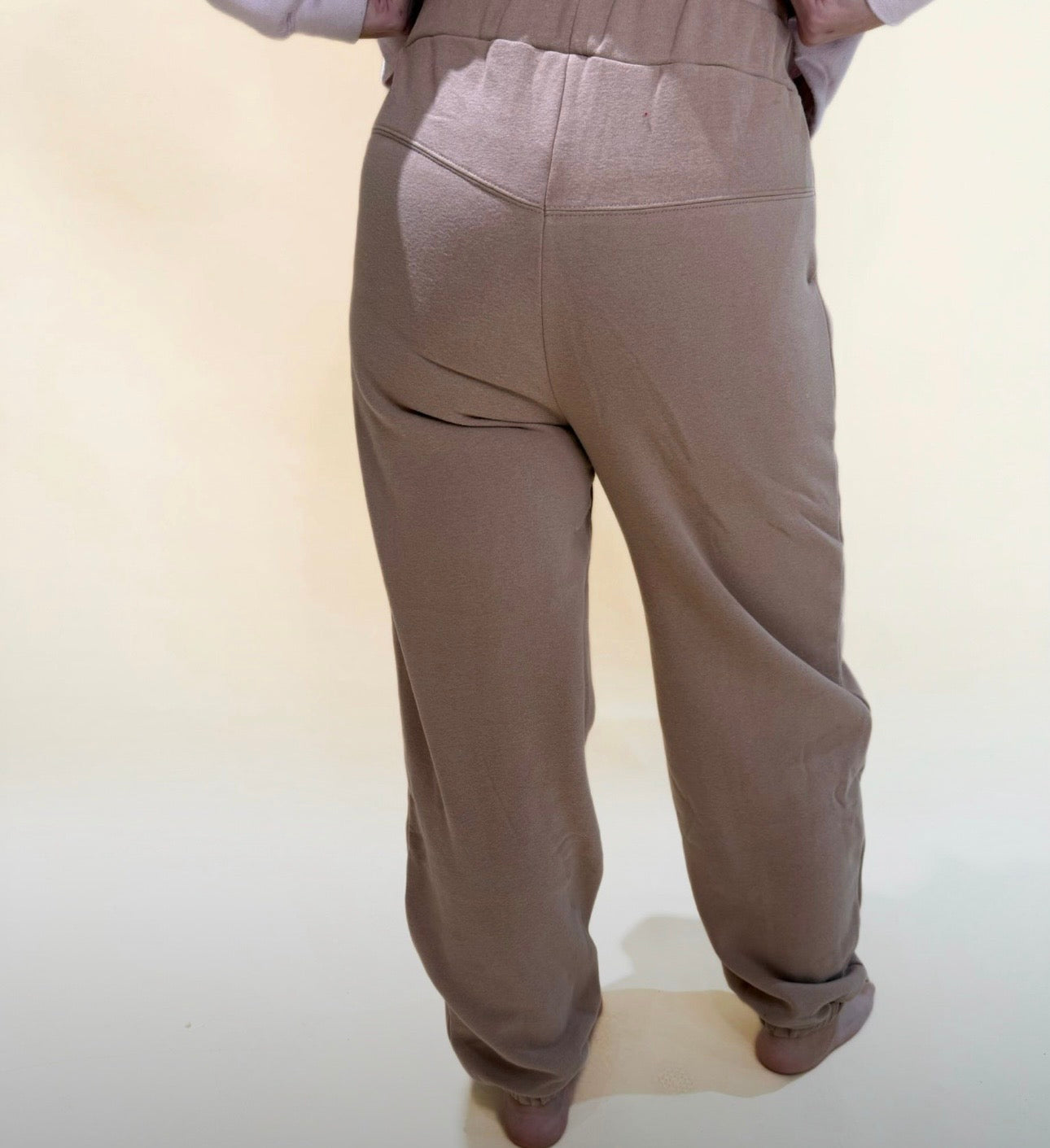 Taupe jogger sweatpants shown from the back, relaxed fit with elastic waistband and soft fleece-style material.