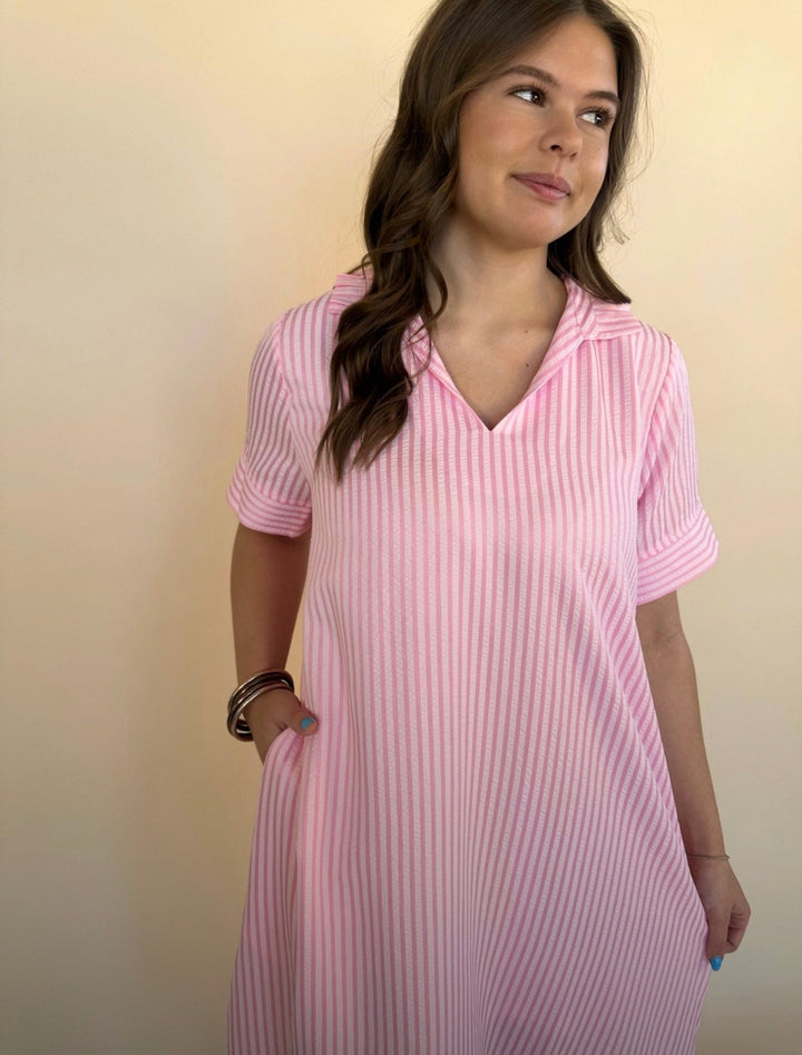 Raina Split Neck Striped Midi Dress
