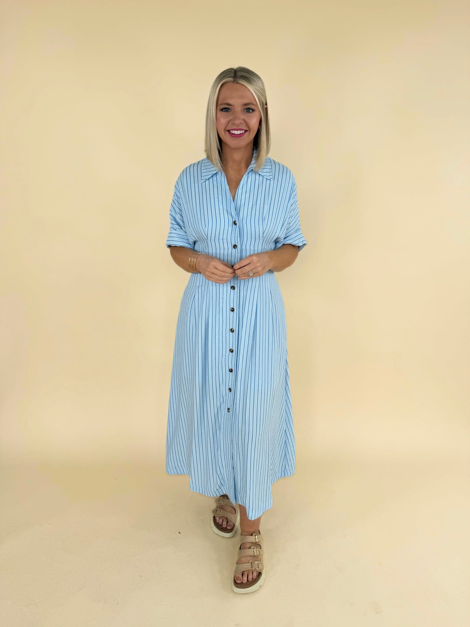 Light blue striped button down midi dress with short sleeves and collar for women boutique fashion