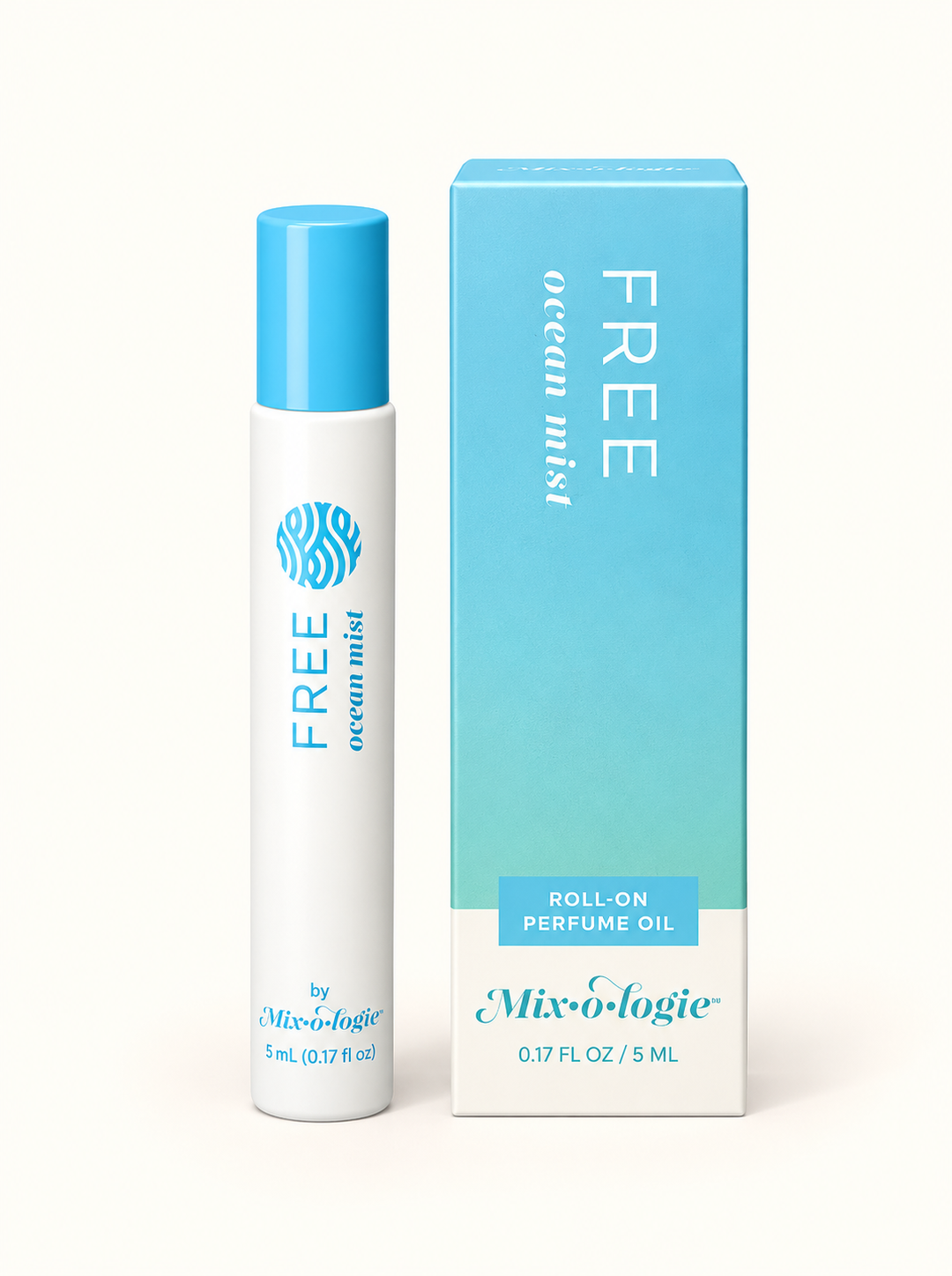 Mixologie Free Ocean Mist 5 mL alcohol-free rollerball perfume oil with blue cap and aqua gradient fragrance box on a cream background.
