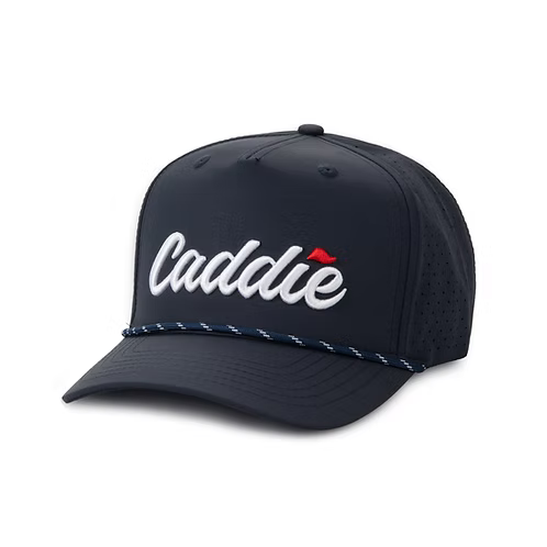 Navy Blue Caddie Performance Golf Hat with white embroidered logo, perforated side panels, rope detail snapback cap, breathable golf lifestyle hat