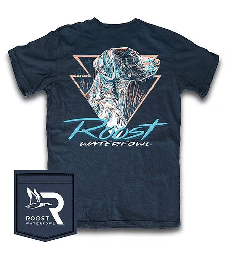 Roost Waterfowl graphic t-shirt featuring retriever hunting dog artwork, navy blue outdoor lifestyle tee, men&