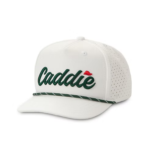 White Youth Caddie Performance Golf Hat with green embroidered logo, perforated side panels, rope detail snapback cap, lightweight breathable golf apparel