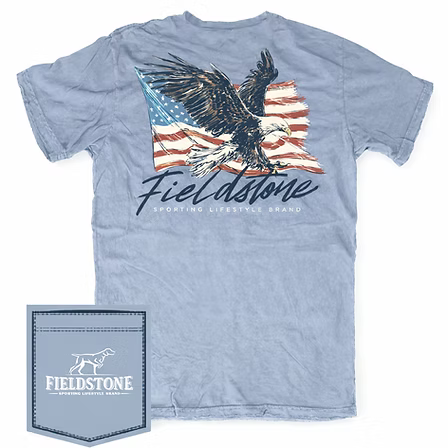 Fieldstone eagle graphic t-shirt with American flag design, light blue patriotic tee, men&