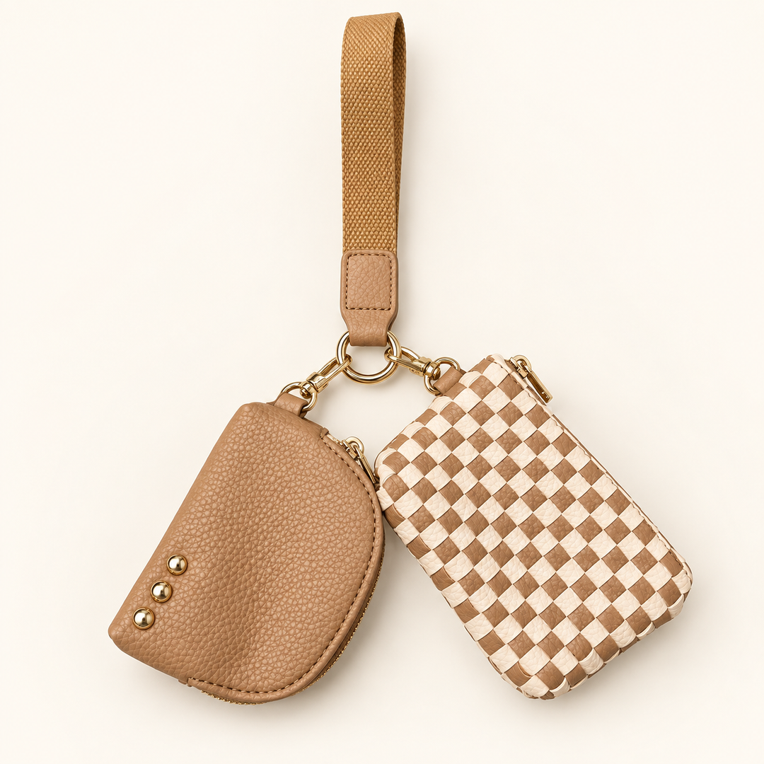 Tan Checkered Wonderlust Woven Dual Pouch Wristlet with tan curved pouch and gold-tone hardware.