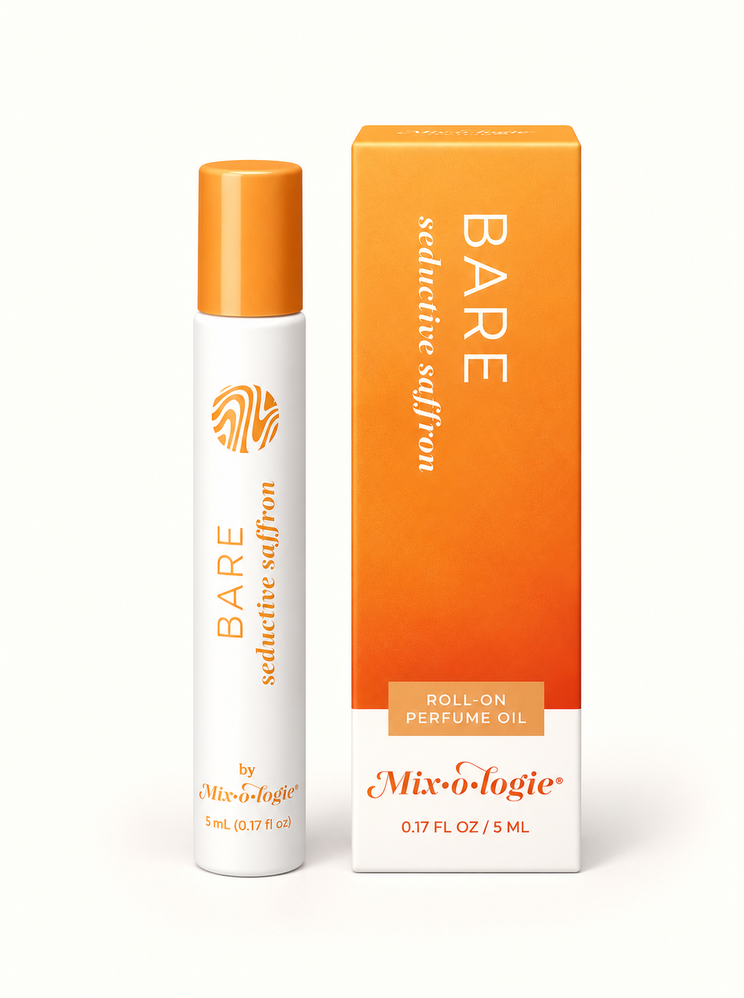 Mixologie Bare Seductive Saffron 5 mL rollerball perfume oil with peach-orange cap and matching orange gradient box on a cream background.