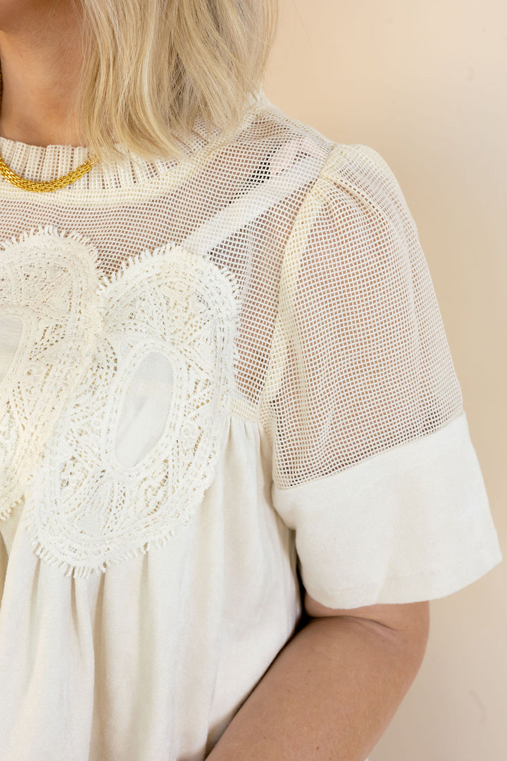 Close-up of a person wearing a cream-colored blouse with sheer mesh sleeves, a lace applique detail on the chest, and a high ruffled neckline.