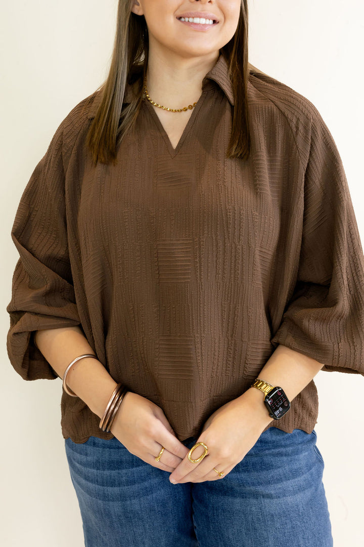 Morrison Textured Puffy Sleeve Top | Chocolate