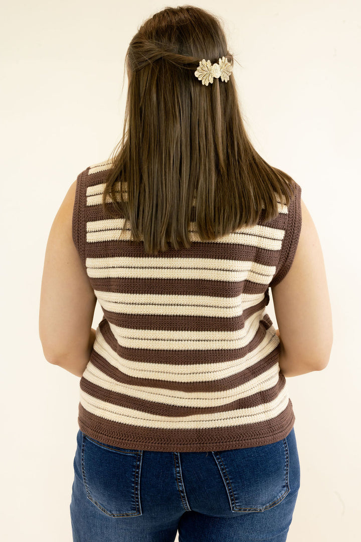 Back view of brown and cream striped sleeveless knit sweater vest showing horizontal stripe pattern, contrast trim, and fitted silhouette