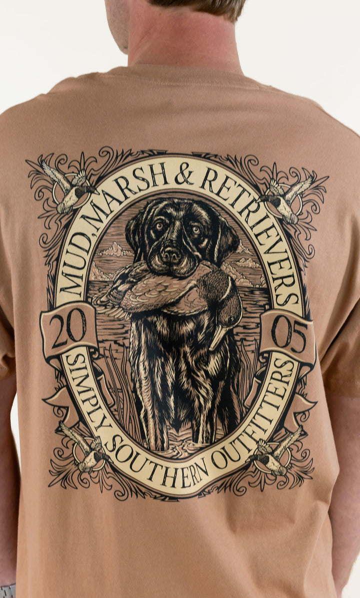 Close-up back view of tan Marsh &amp; Retrievers Southern Outdoors T-shirt highlighting the large retriever hunting graphic and vintage-inspired outdoor design