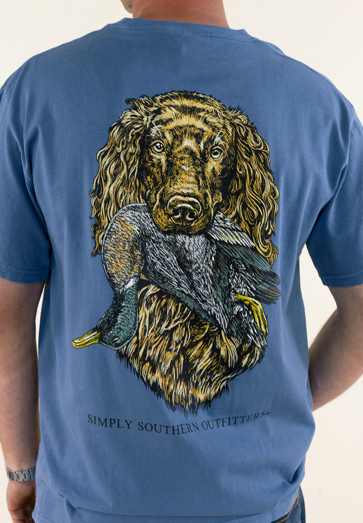 Close-up back view of blue Simply Southern graphic T-shirt highlighting the large hunting dog and bird outdoor graphic design