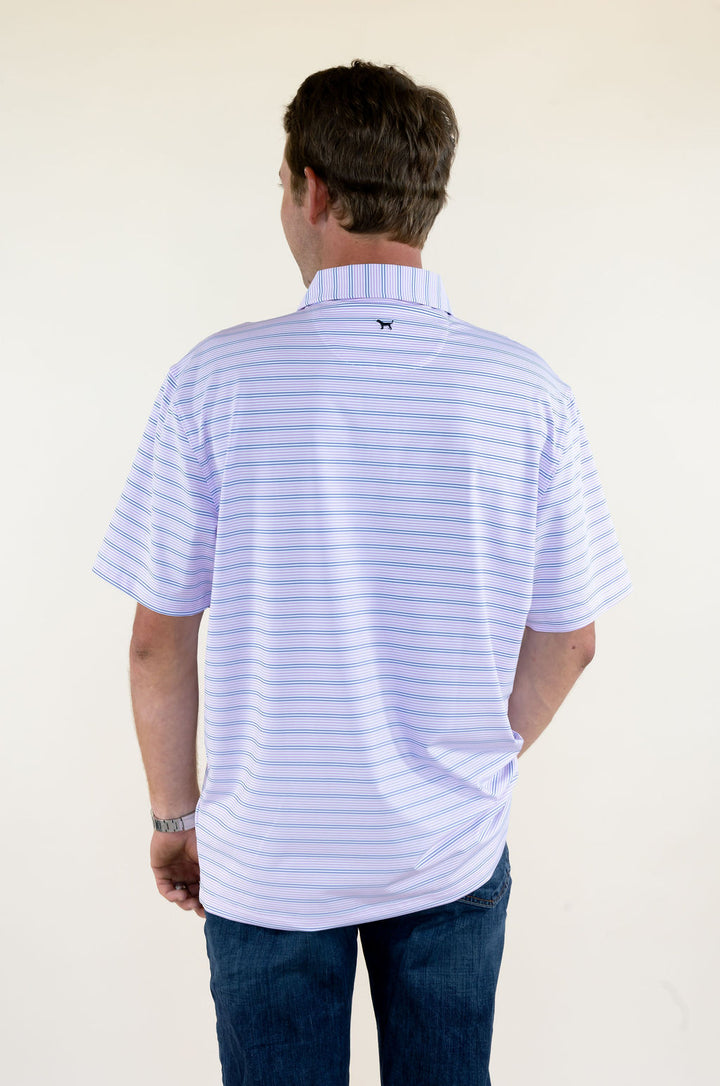 Back view of male model wearing a purple striped short sleeve performance polo shirt showing the striped pattern and collar.