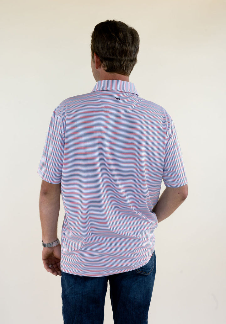 Back view of male model wearing a cream striped short sleeve performance polo shirt showing the striped pattern and collar.