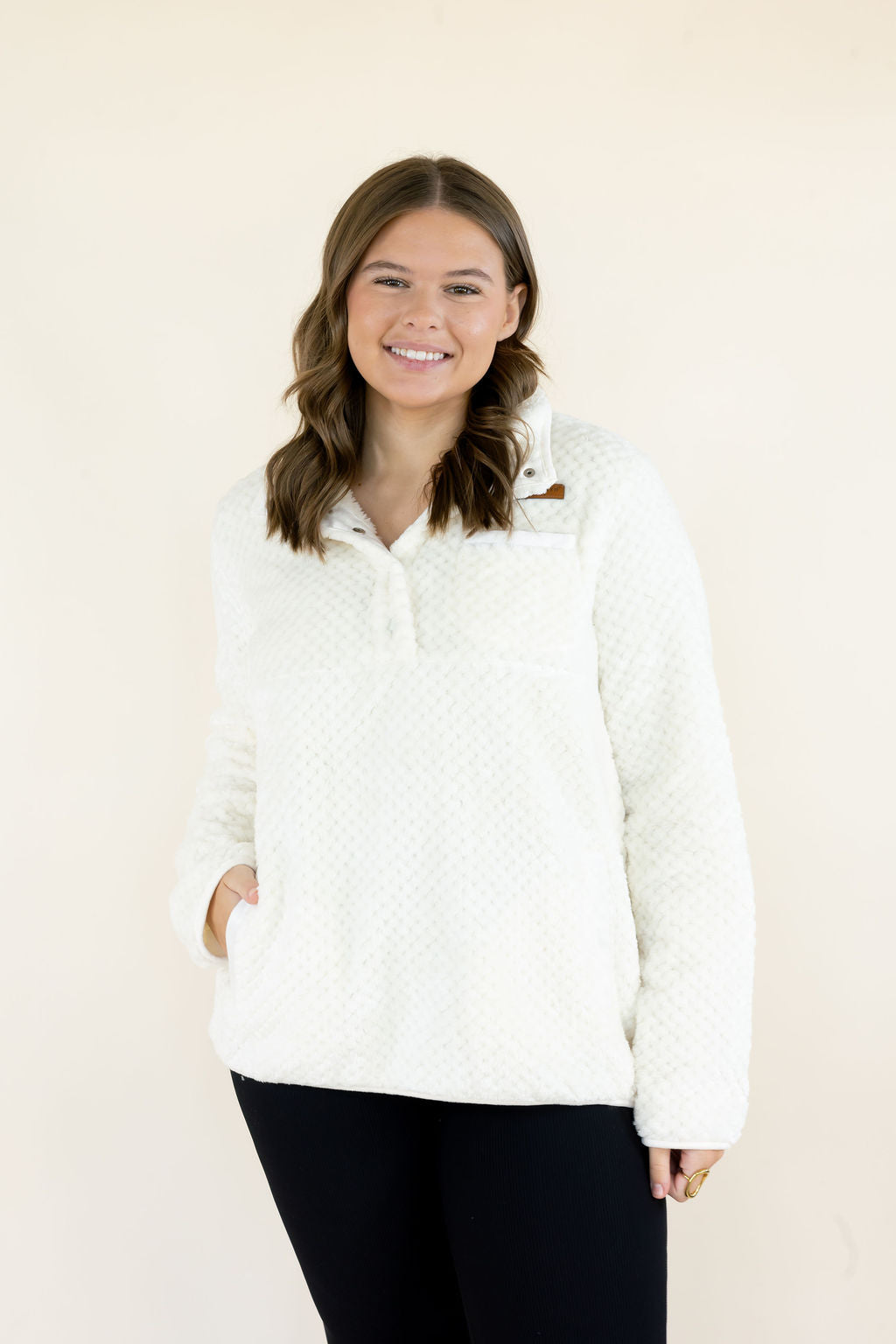 Front view of Simply Southern Simply Soft Pullover in ivory featuring textured fleece, collared snap neckline, and chest logo detail.
