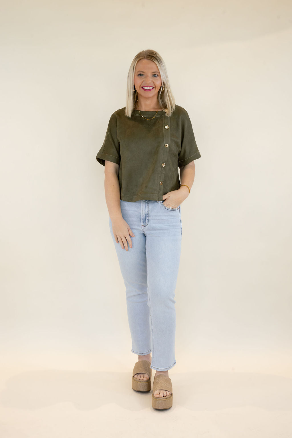 THML | Short Sleeve Button Detail Top | Olive