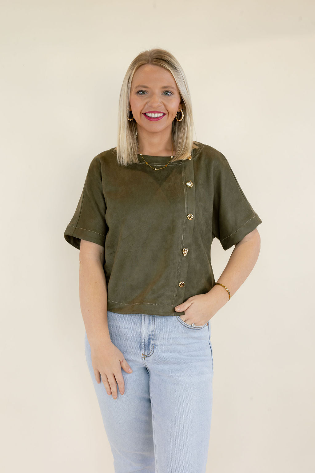 THML | Short Sleeve Button Detail Top | Olive