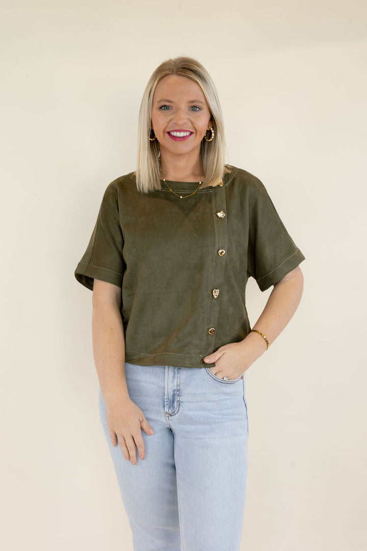 THML | Short Sleeve Button Detail Top | Olive
