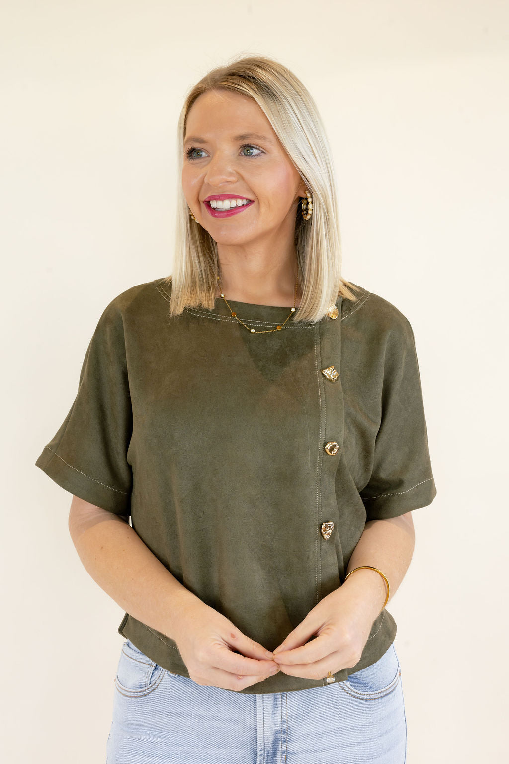 THML | Short Sleeve Button Detail Top | Olive