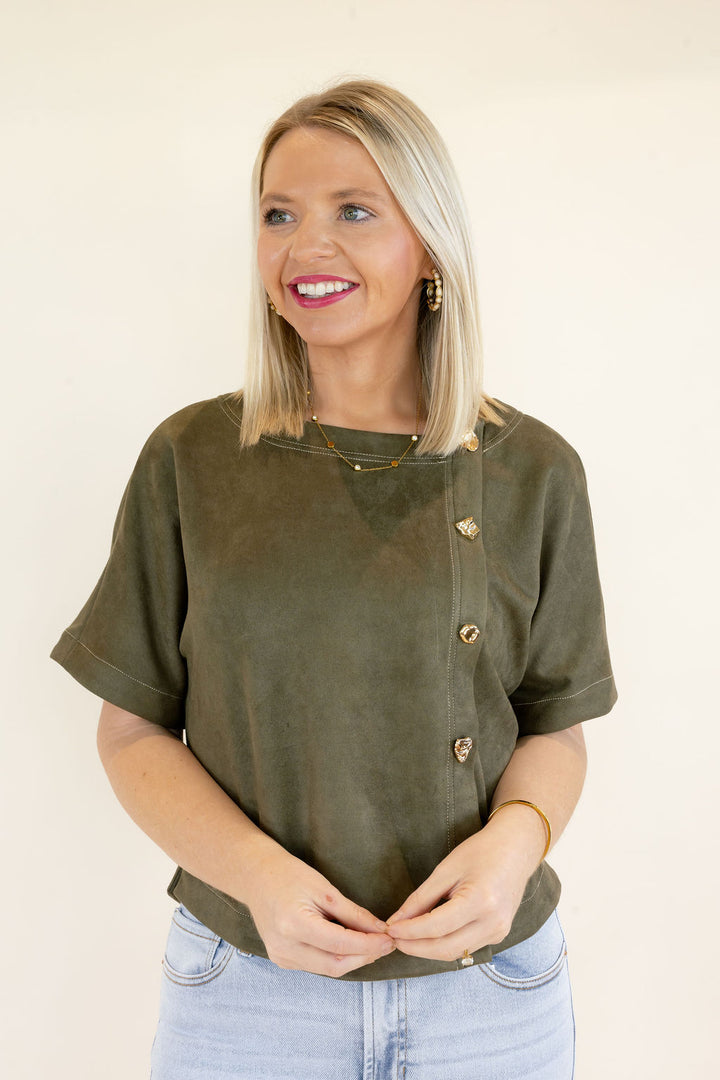 THML | Short Sleeve Button Detail Top | Olive