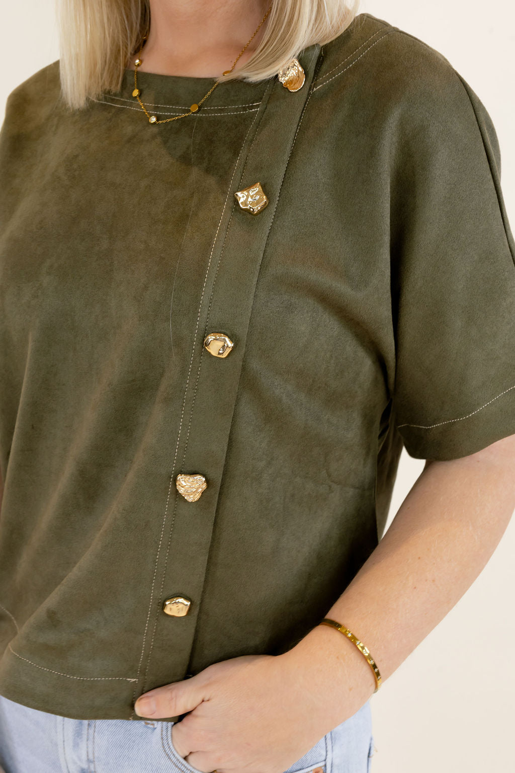 THML | Short Sleeve Button Detail Top | Olive