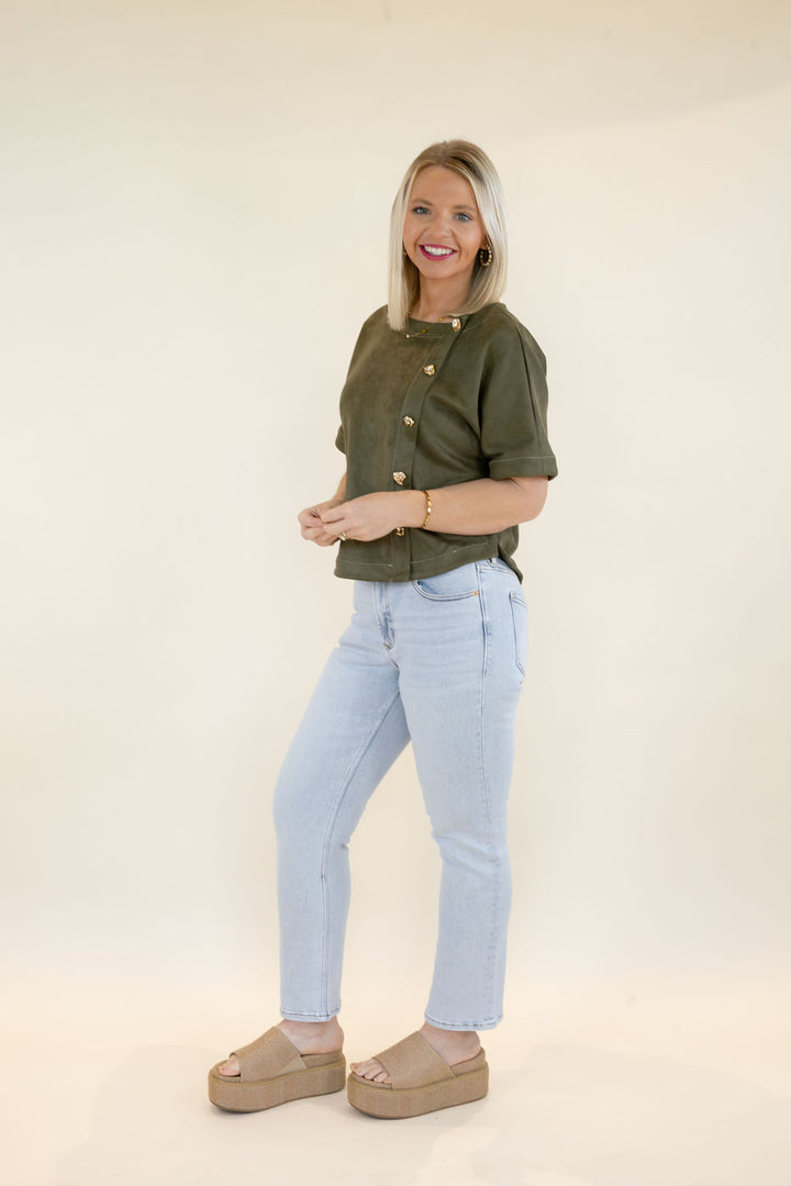 THML | Short Sleeve Button Detail Top | Olive