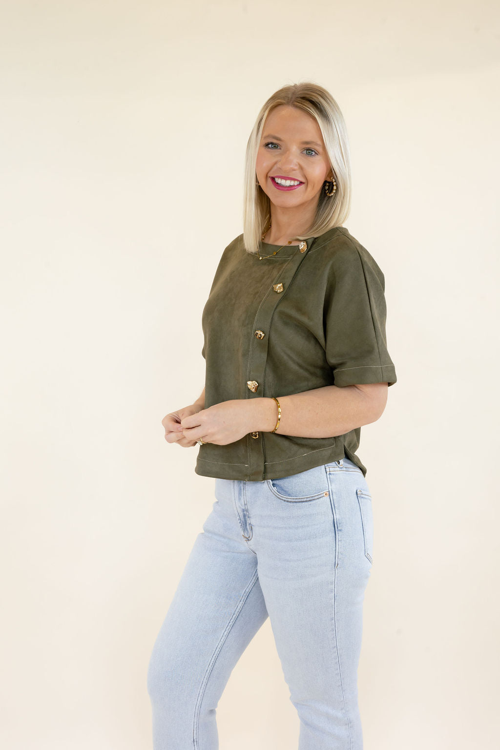 THML | Short Sleeve Button Detail Top | Olive