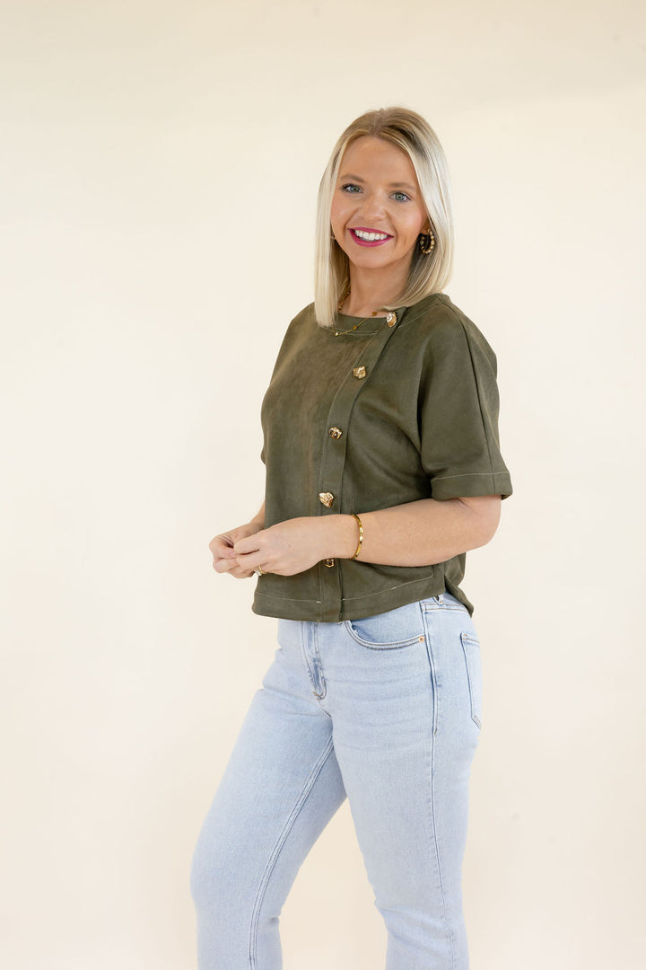 THML | Short Sleeve Button Detail Top | Olive