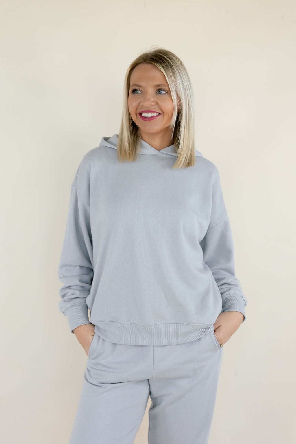 Front view of First Quarter Hoodie in Silverlake featuring soft cotton blend fleece, oversized fit, and matching lounge pants.