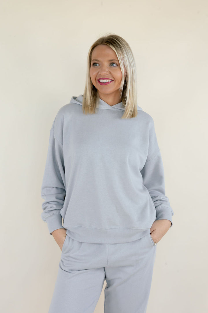 Front view of First Quarter Hoodie in Silverlake featuring soft cotton blend fleece, oversized fit, and matching lounge pants.
