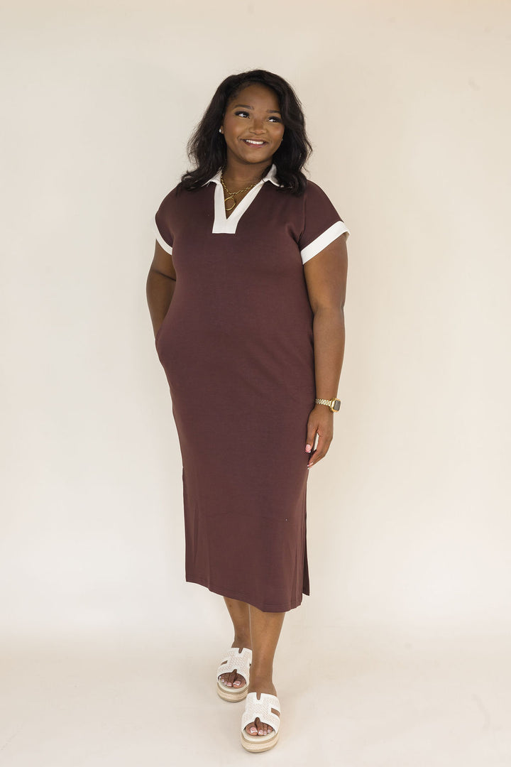 Espresso Contrast Trim Collared Midi Dress